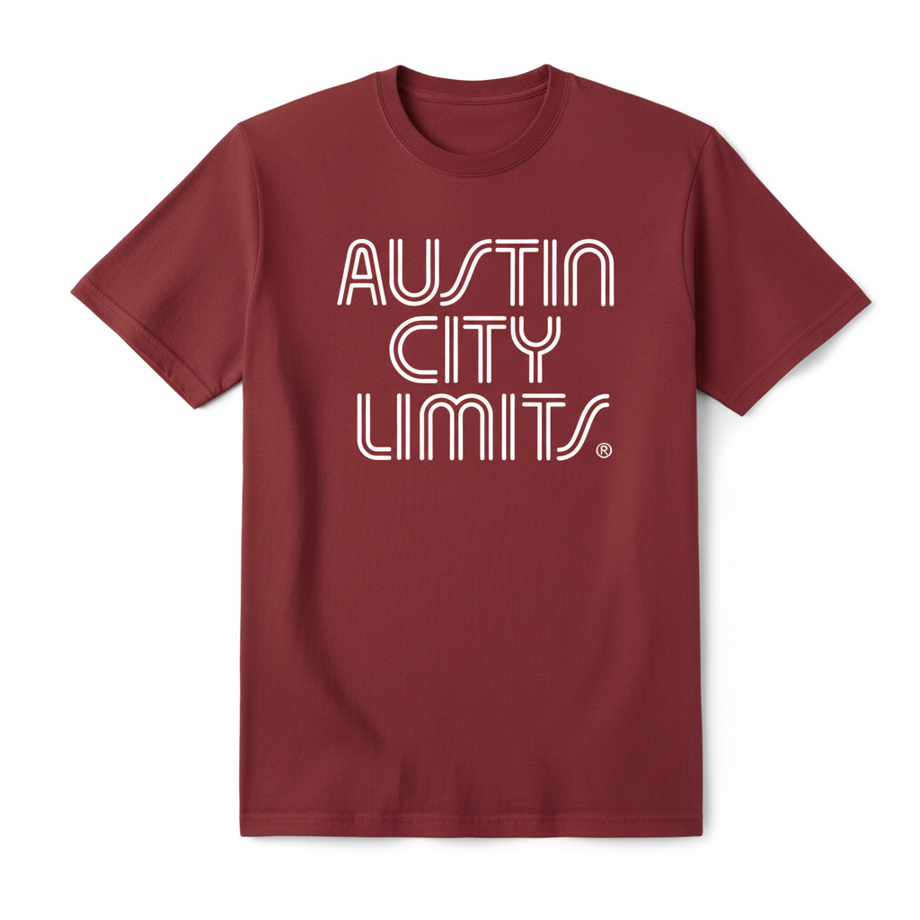 A maron crew neck T-shirt with the white text 'AUSTIN CITY LIMITS' printed across the chest.