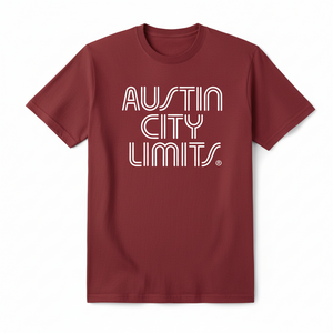 A maron crew neck T-shirt with the white text 'AUSTIN CITY LIMITS' printed across the chest.