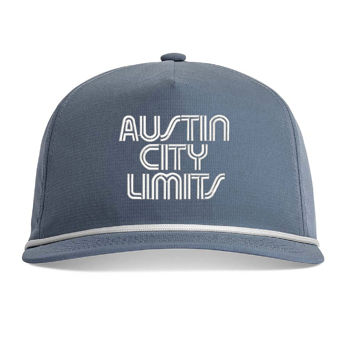 A slate blue snapback cap with 'AUSTIN CITY LIMITS' embroidered in white outline text on the front, featuring a white accent stripe along the edge of the brim.