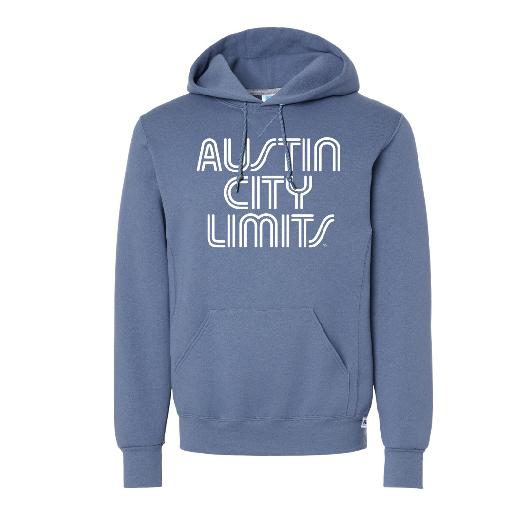 Blue hoodie with 'Austin City Limits' text on a white background