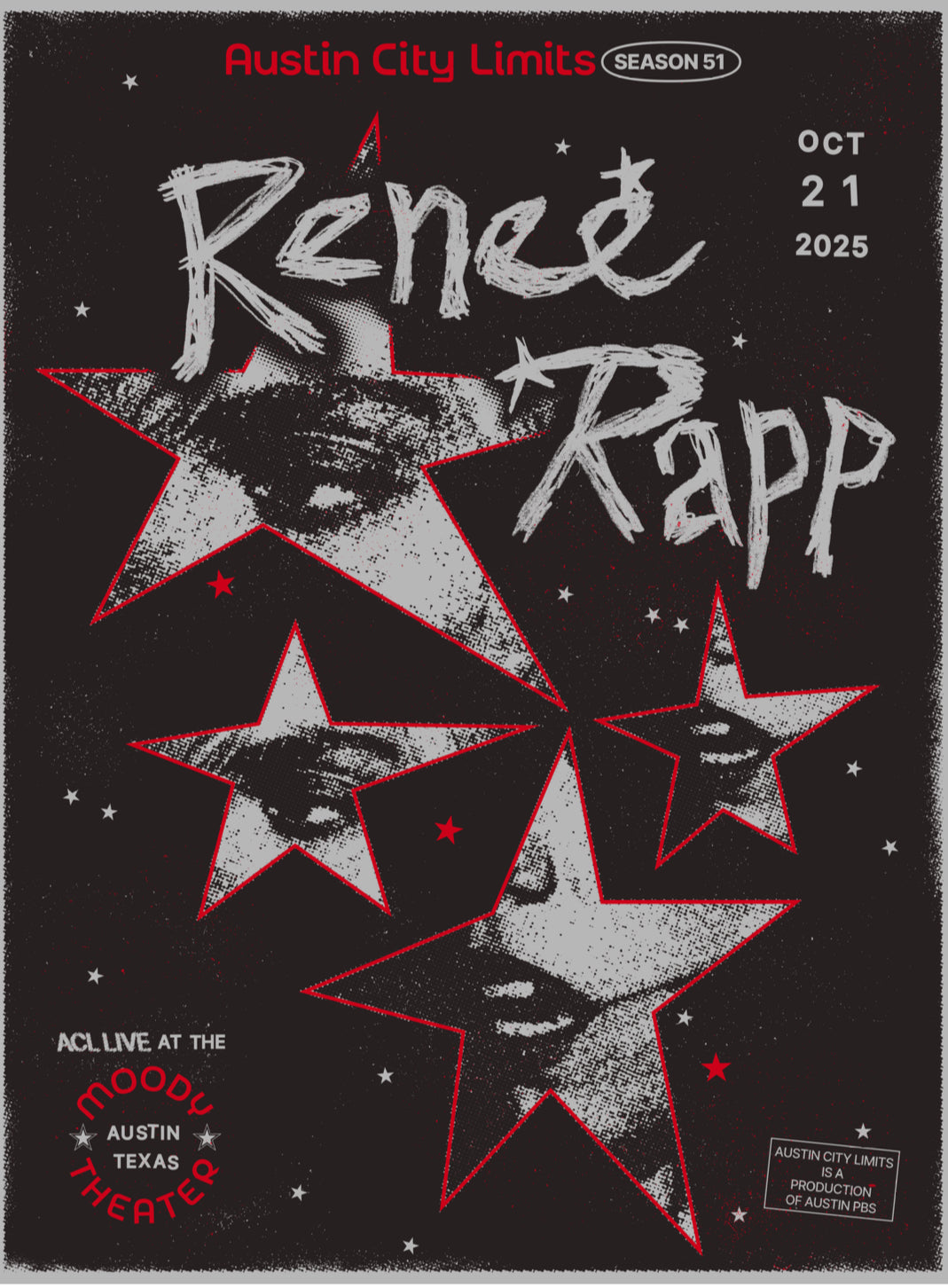 Promotional poster for Renee Rapp at Austin City Limits with star designs and event details.