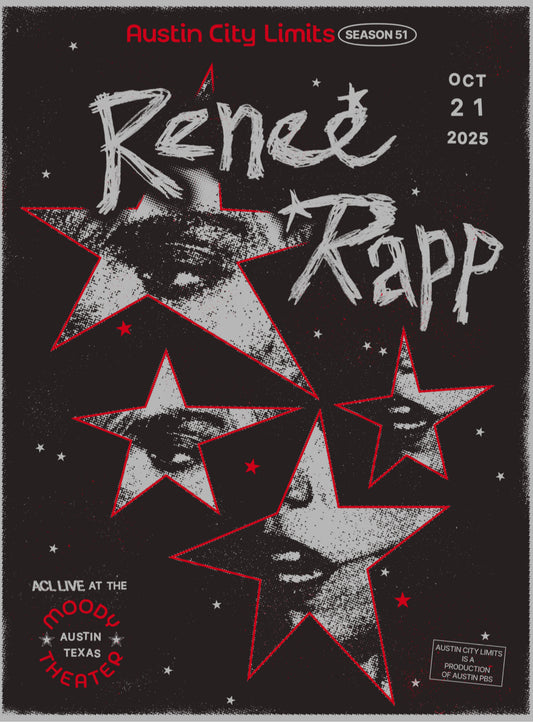 Promotional poster for Renee Rapp at Austin City Limits with star designs and event details.