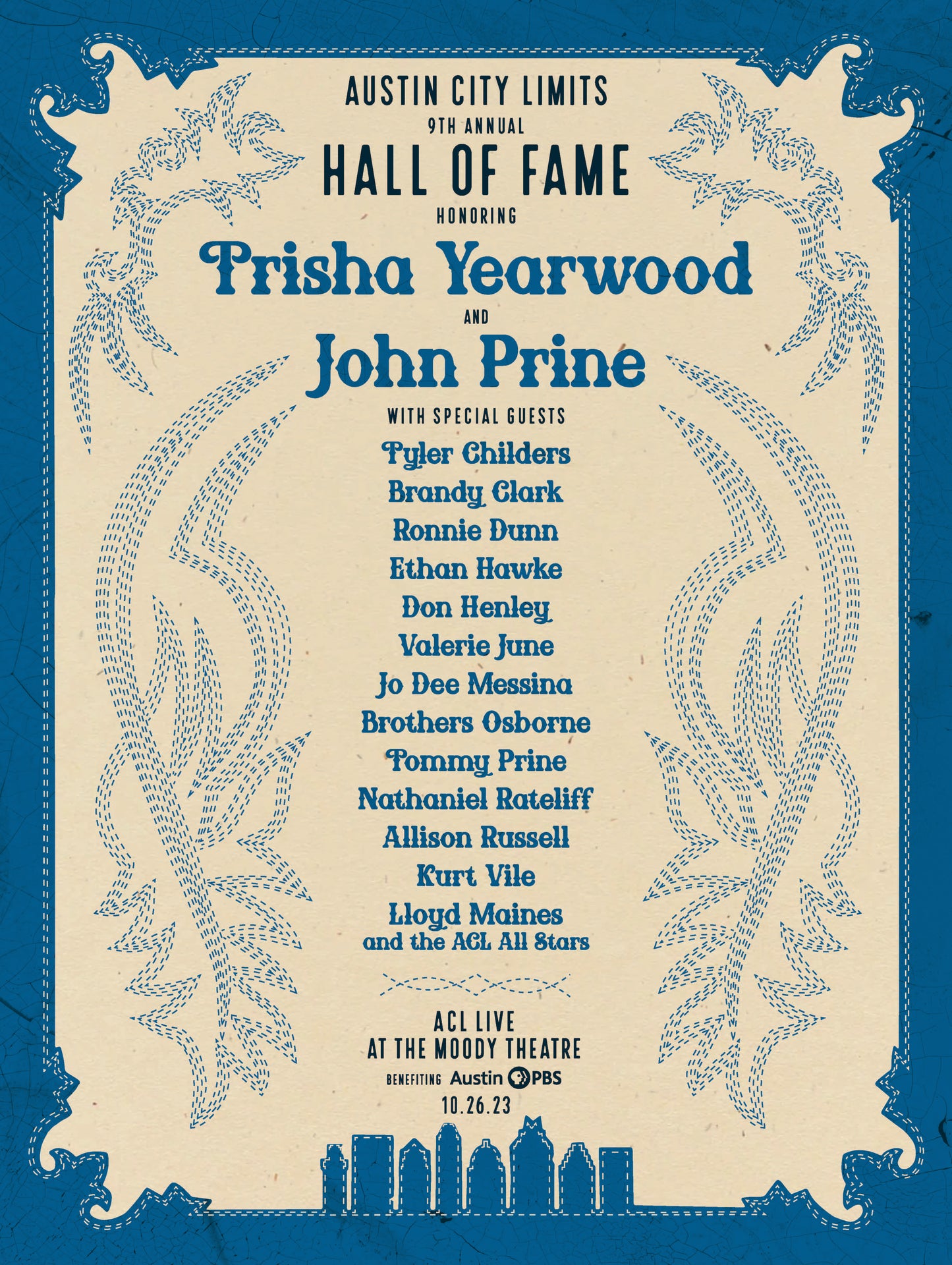 Promotional poster for Trisha Yearwood and John Prine's Hall of Fame event with a blue border and decorative elements.