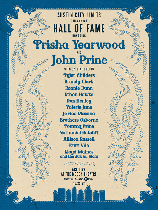 Promotional poster for Trisha Yearwood and John Prine's Hall of Fame event with a blue border and decorative elements.