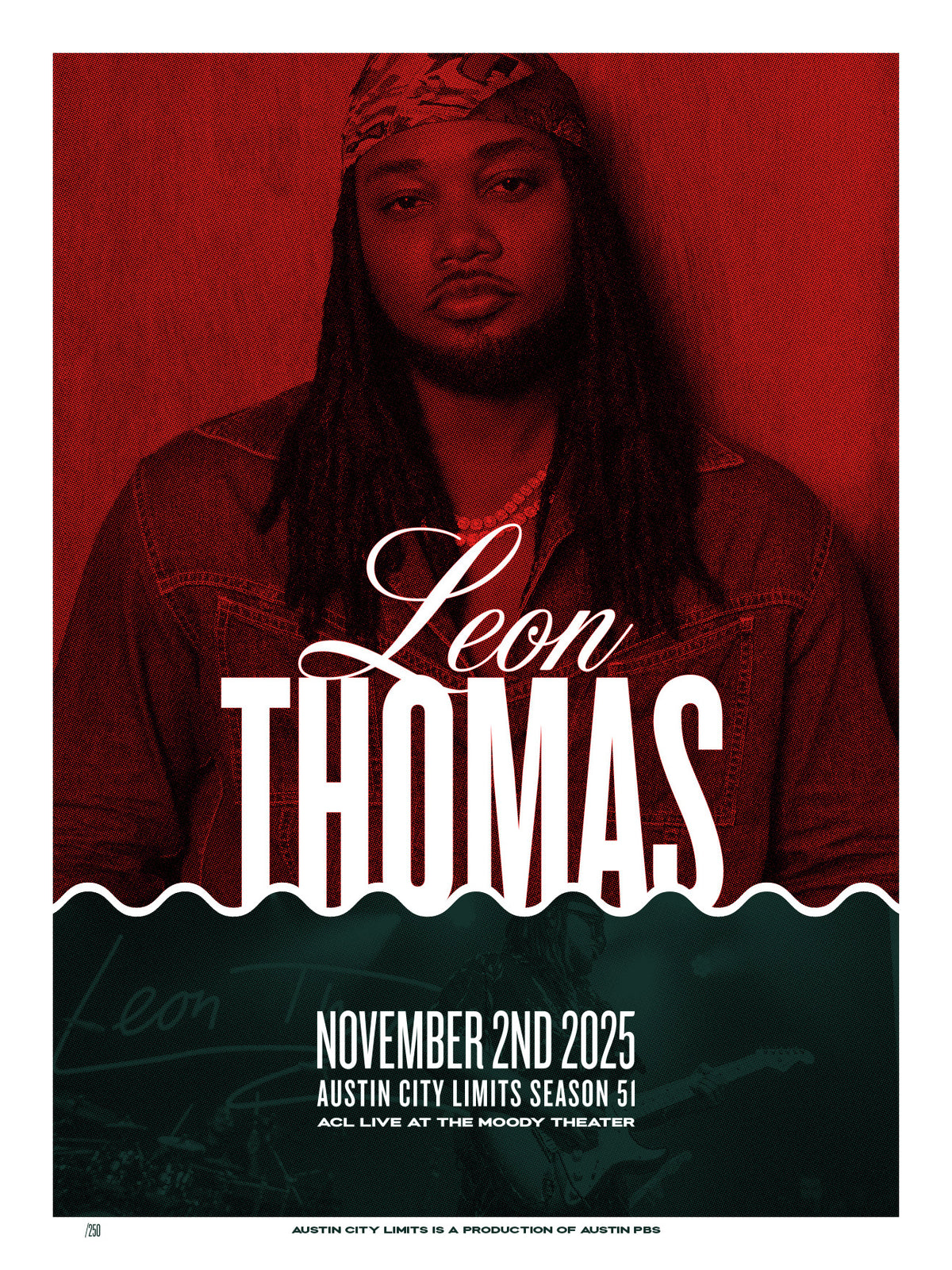 Promotional Austin City Limits poster for Leon Thomas with a red and black background