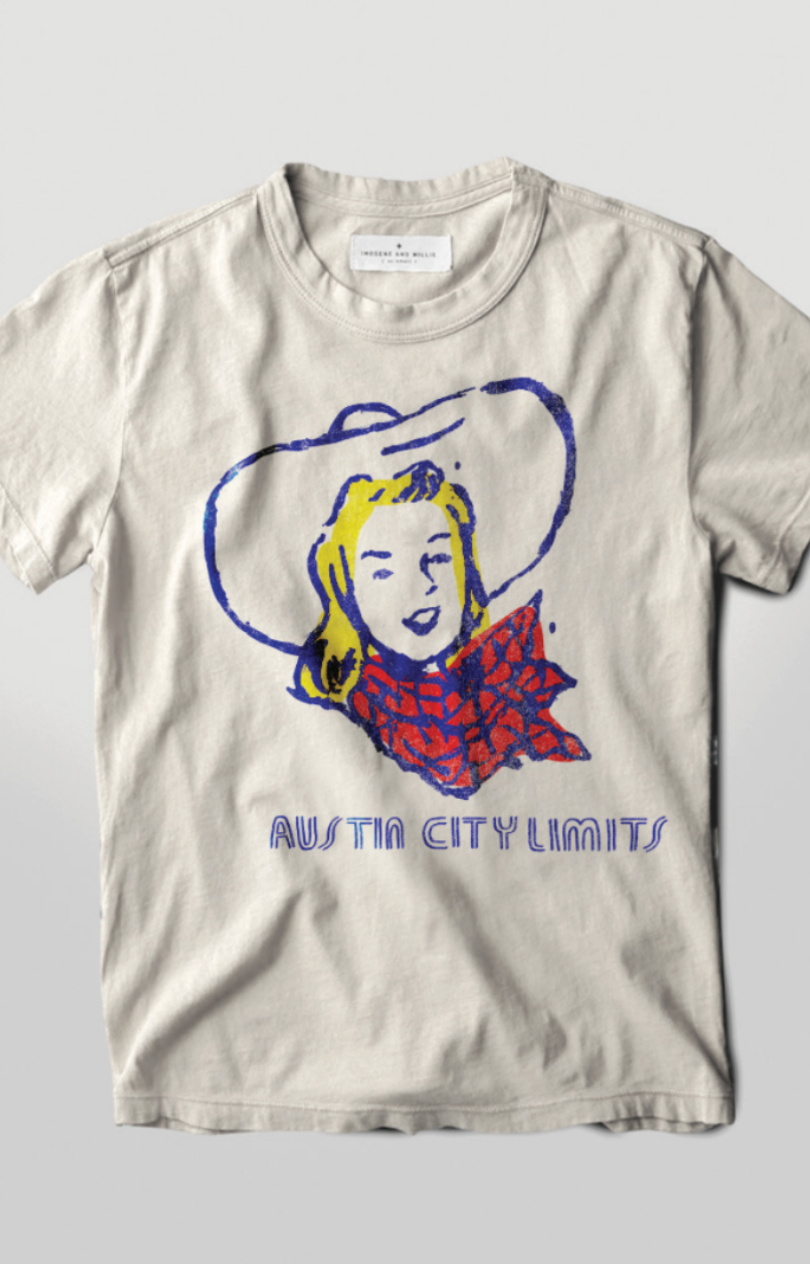 Beige Imogene + Willie t-shirt with graphic design and 'Austin City Limits' text with a cowgirl hand sketched design