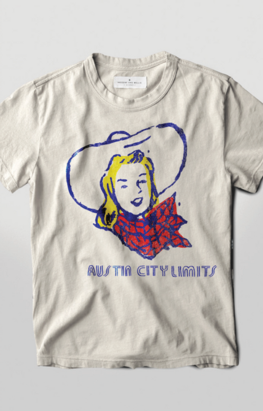Beige Imogene + Willie t-shirt with graphic design and 'Austin City Limits' text with a cowgirl hand sketched design