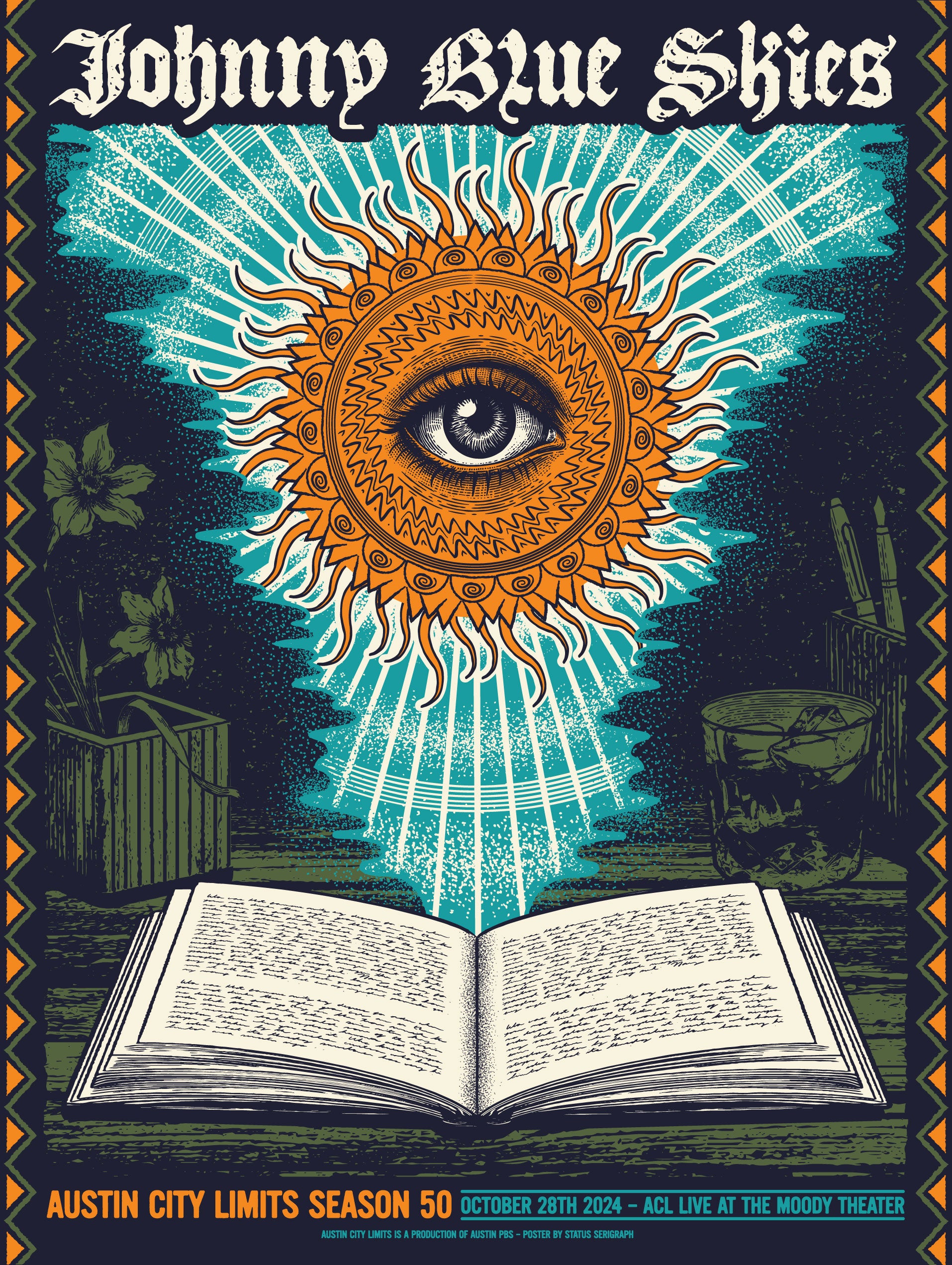 Limited edition screen printed poster featuring a sun and eye design with text 'Johnny Blue Skies' and 'Austin City Limits Season 50'.