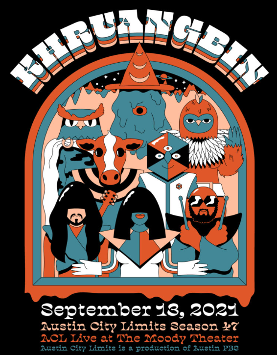 Illustrated poster with characters and text for a Khruangbin concert at Austin City Limits,