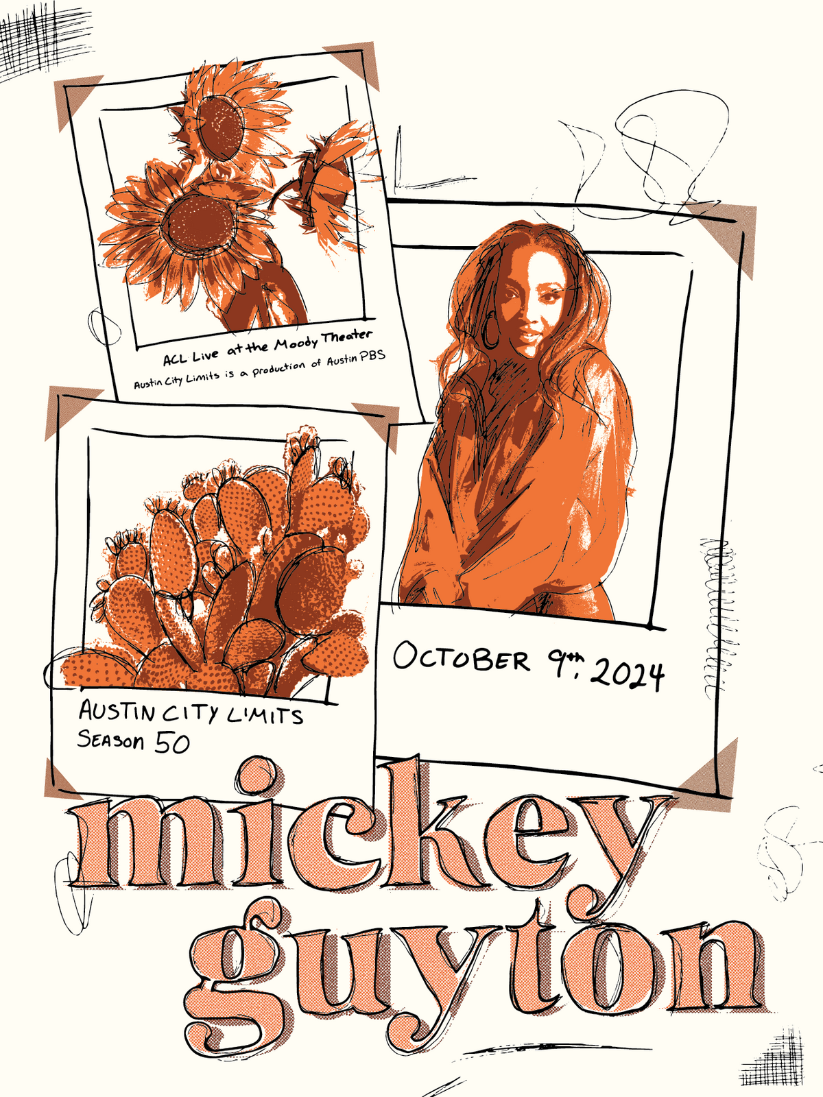 A limited edition screen printed poster featuring illustrations of a female artist, a sunflower, and text elements related to Austin City Limits Season 50, with the name 'Mickey Guyton' prominently displayed.