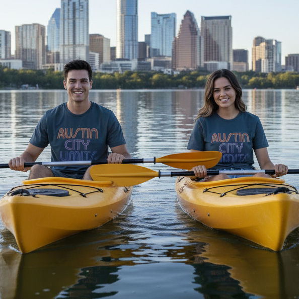 Navy t-shirt with 'Austin City Limits' text in orange and purple on a white background