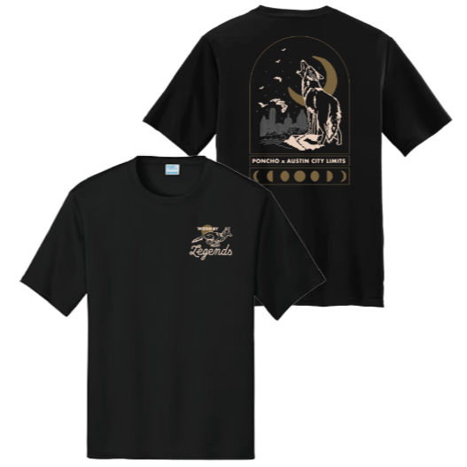 Black t-shirt with front and back designs on a white background