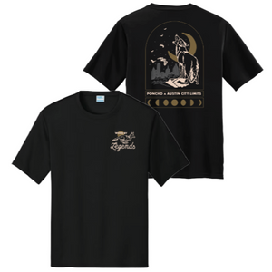 Black t-shirt with front and back designs on a white background