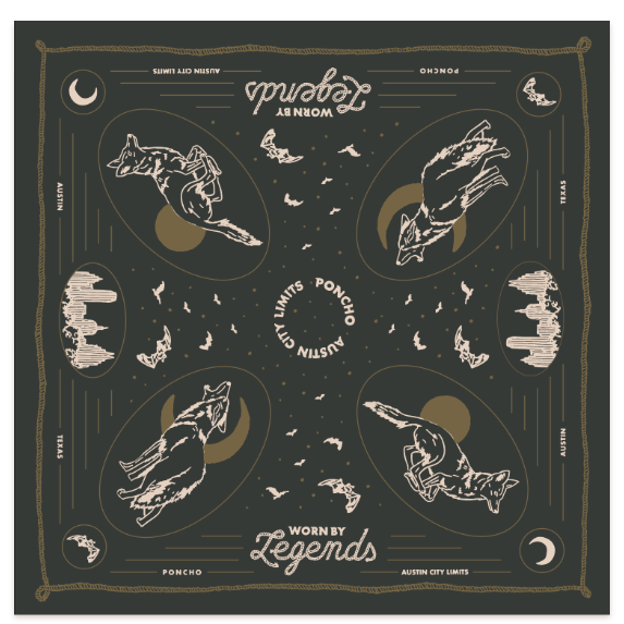 Black bandana with white and gold designs and text on a white background