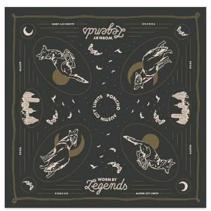 Black bandana with white and gold designs and text on a white background