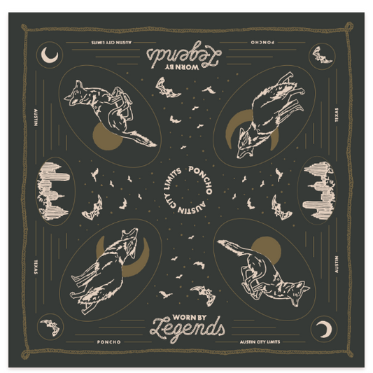 Black bandana with white and gold designs and text on a white background