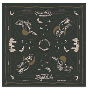 Black bandana with white and gold designs and text on a white background