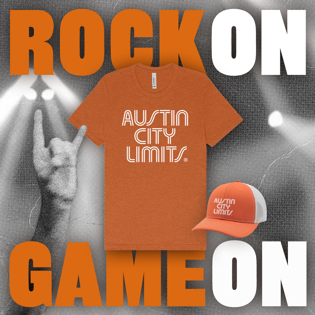 Burnt Orange t-shirt and cap with 'Austin City Limits' text on a stage background with 'Rock On' and 'Game On' text to celebrate Texas Gameday!