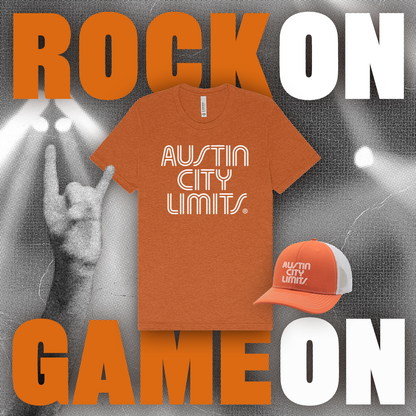 Burnt Orange t-shirt and cap with 'Austin City Limits' text on a stage background with 'Rock On' and 'Game On' text to celebrate Texas Gameday!