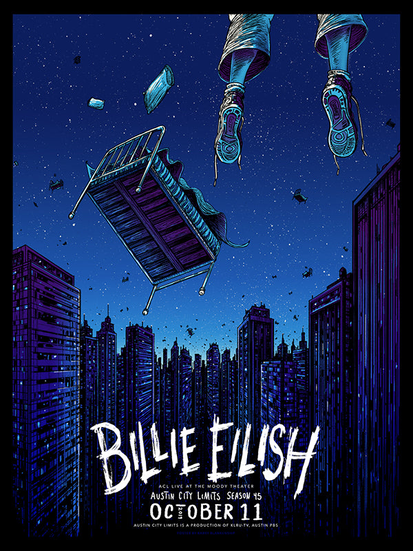 Promotional Austin City Limits poster for Billie Eilish concert with cityscape and falling chair design.