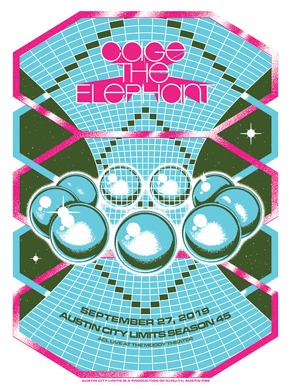 Futuristic poster with geometric design and text, for the Band Cage The Elephant
