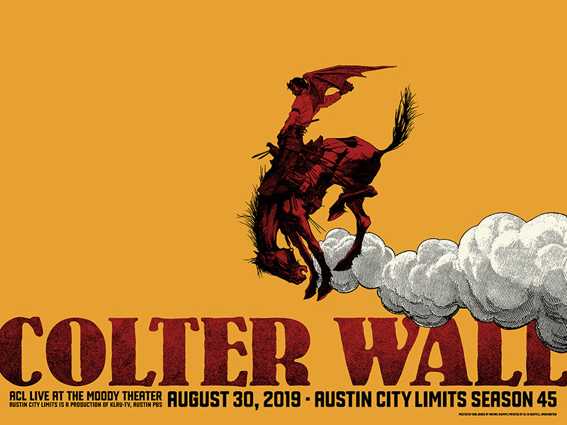Promotional poster for Colter Wall concert featuring a rider on a horse against a yellow background.