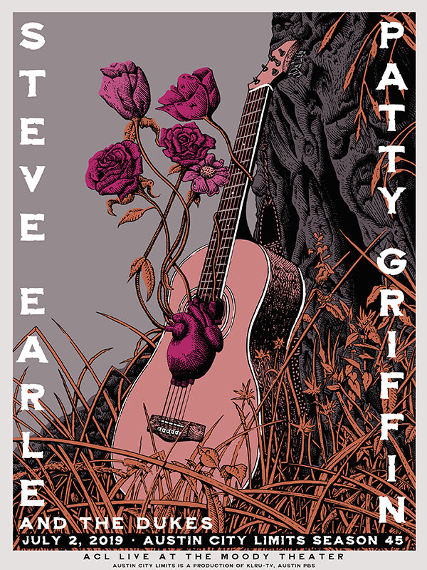 Promotional poster for Steve Earle and Patty Griffin  And The Dukes featuring a guitar and roses 