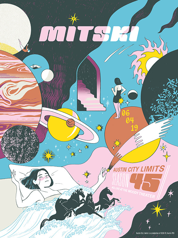 Illustrated poster for Mitski concert featuring abstract designs and text.