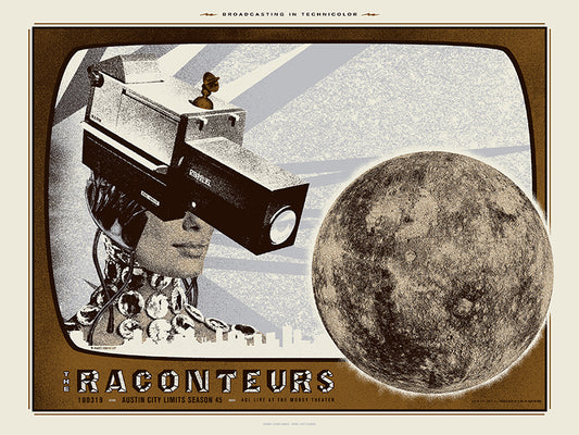 Vintage-style poster with a television screen, binoculars, and moon illustration, featuring the Raconteurs band.