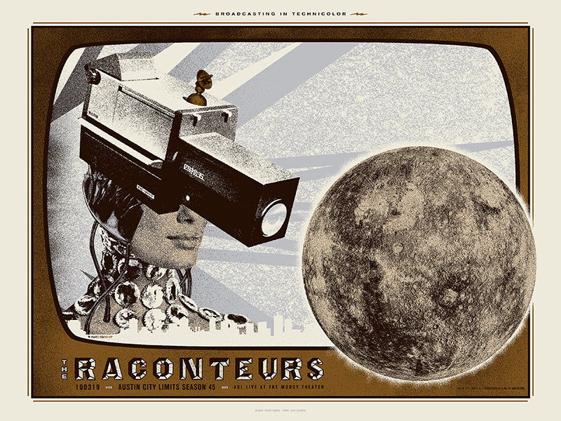 Vintage-style poster with a television screen, binoculars, and moon illustration, featuring the Raconteurs band.