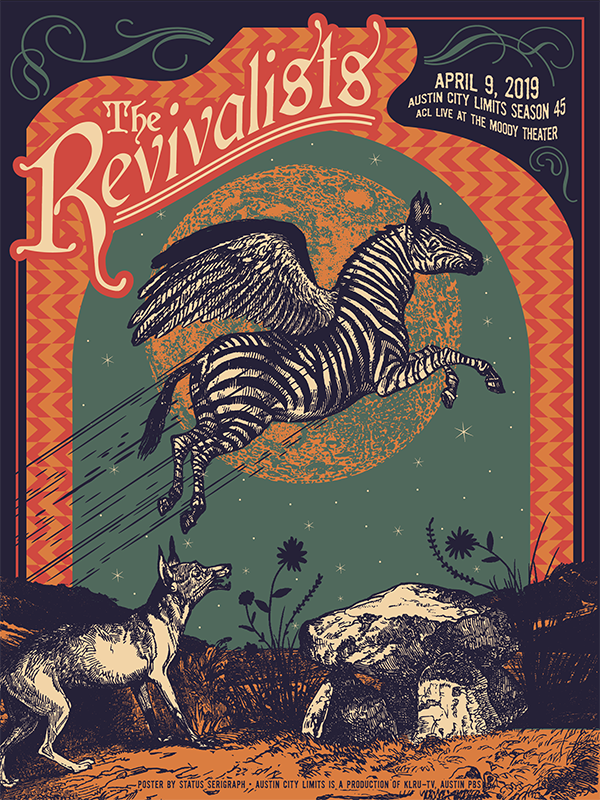 Promotional poster for 'The Revivalists' featuring a zebra with wings and a dog, set against an orange and green background.