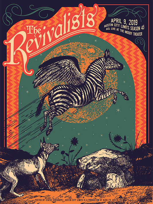 Promotional poster for 'The Revivalists' featuring a zebra with wings and a dog, set against an orange and green background.