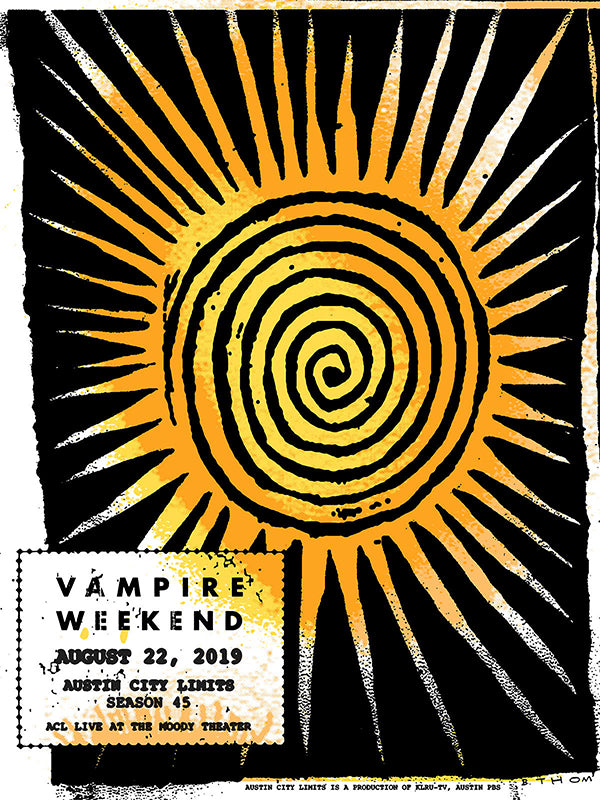 Vampire Weekend concert poster with sun design and event details