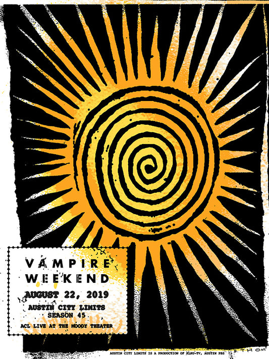 Vampire Weekend concert poster with sun design and event details