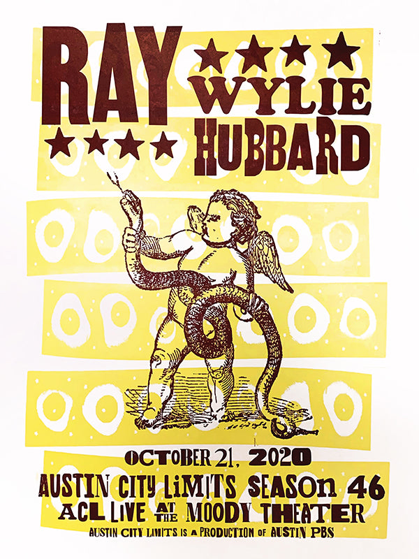 Promotional poster for Ray Wylie Hubbard event featuring an angel with a snake on a yellow background.