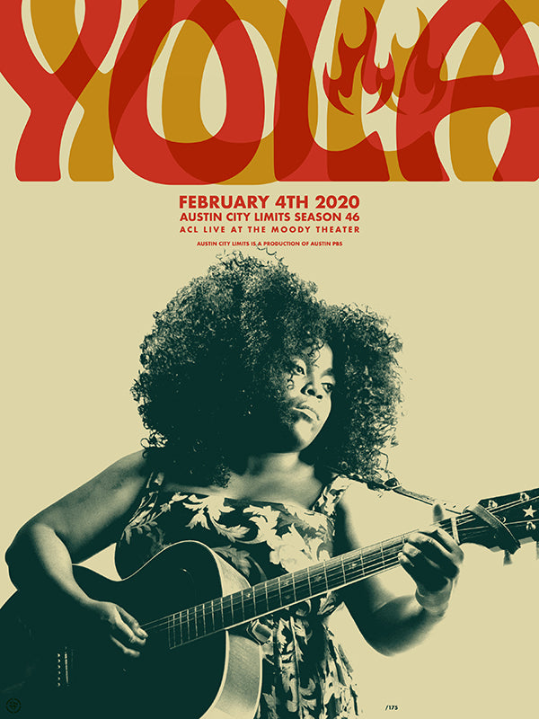 Poster for a music event featuring Yola playing guitar 