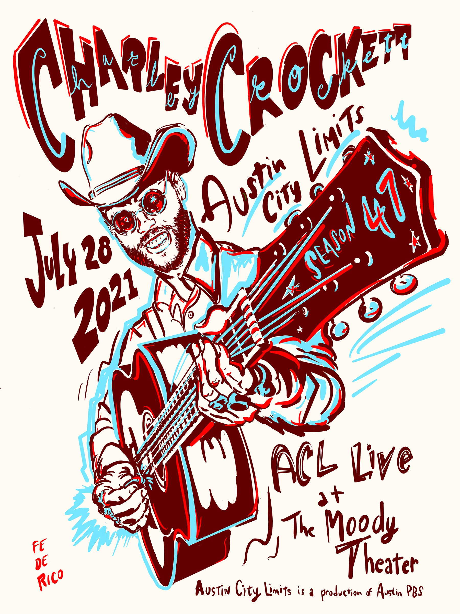 Illustration of a man in a cowboy hat playing guitar with event details for Charley Crockett at ACL Live.