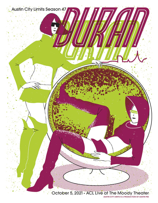 Promotional poster for Duran Duran at Austin City Limits with colorful illustration of two people.