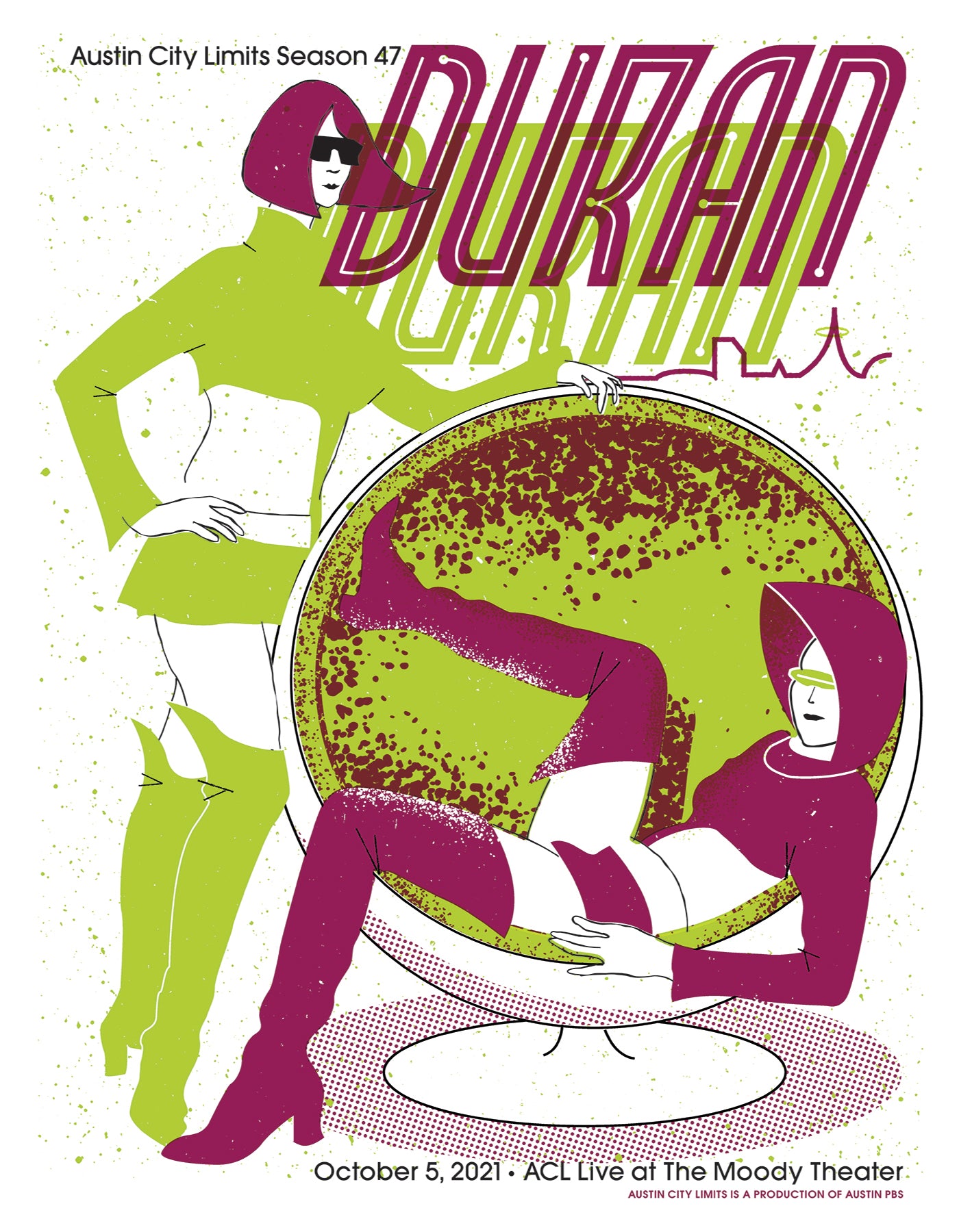 Promotional poster for Duran Duran at Austin City Limits with colorful illustration of two people.