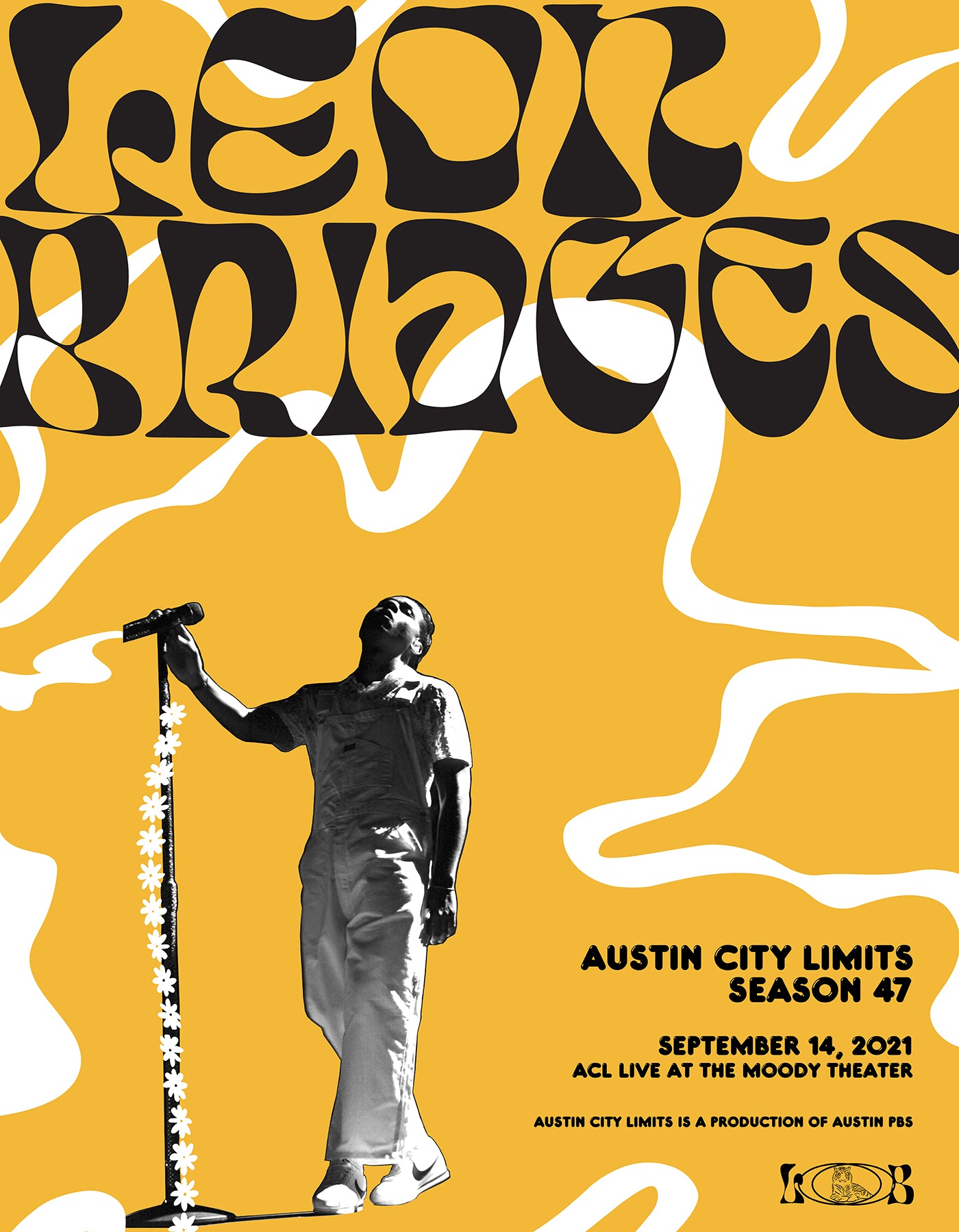Promotional poster for Leon Bridges concert with stylized text and silhouette of a performer on a yellow background.
