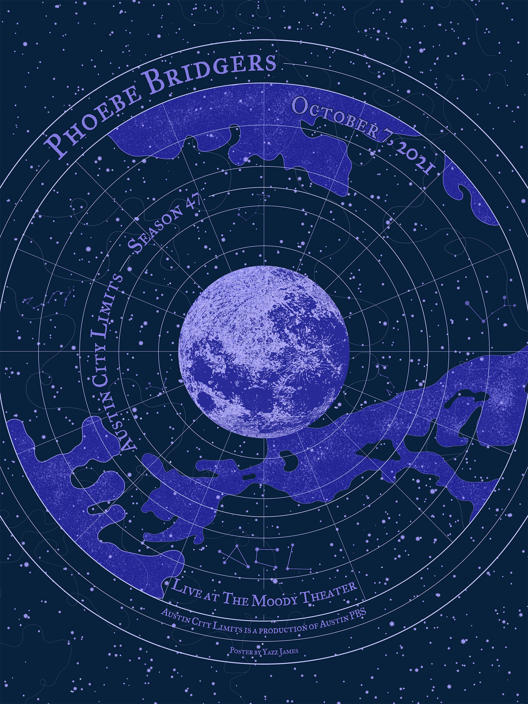 Stylized poster with a moon and silhouettes of people against a starry night sky, featuring 'Phoebe Bridgers' and event details.