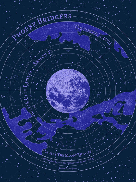Stylized poster with a moon and silhouettes of people against a starry night sky, featuring 'Phoebe Bridgers' and event details.