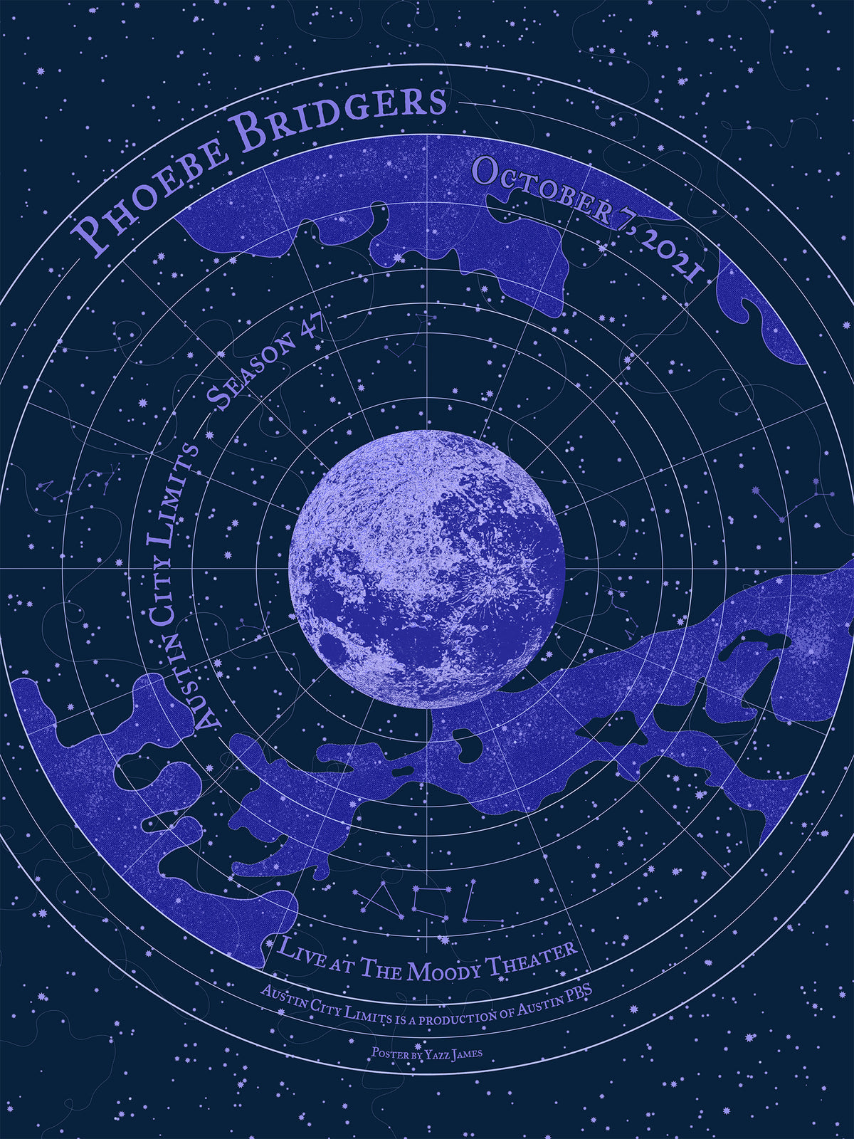 Stylized poster with a moon and silhouettes of people against a starry night sky, featuring 'Phoebe Bridgers' and event details.
