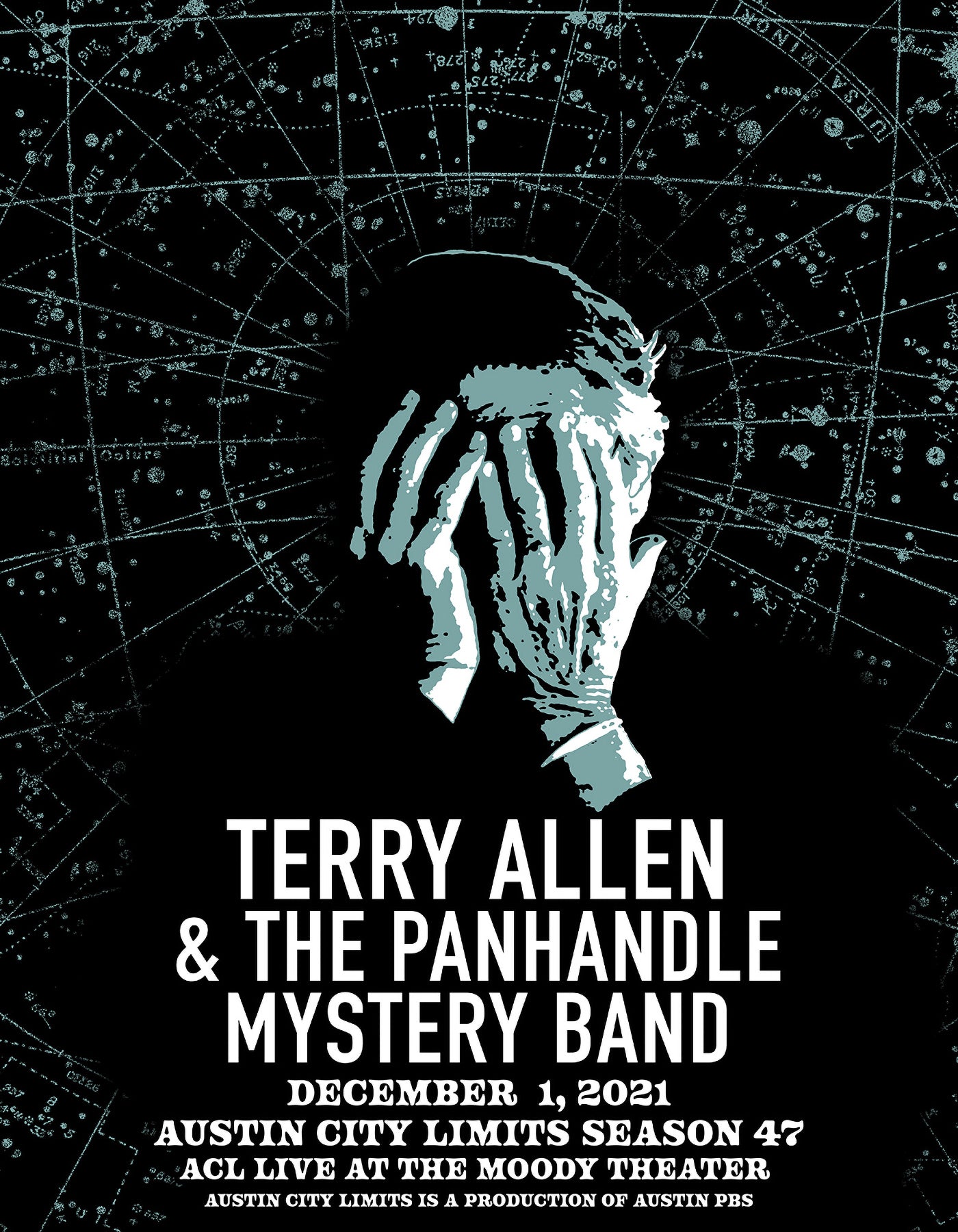 Promotional poster for Terry Allen & The Panhandle Mystery Band concert with a stylized hand over face graphic.