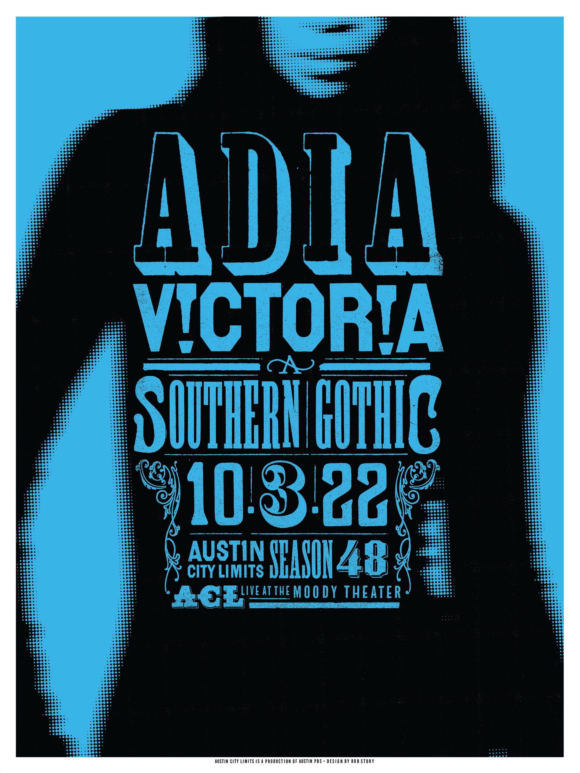Promotional poster with 'ADIA VICTORIA' text and event details on a black silhouette against a blue background