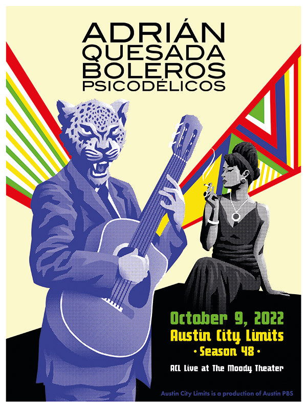 Promotional poster for Adrián Quesada Boleros Psicodelicos with a blue tiger-like figure playing guitar and a woman smoking.