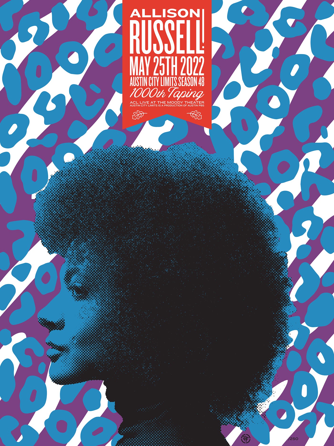 Promotional poster for Allison Russell with a stylized face and abstract pattern
