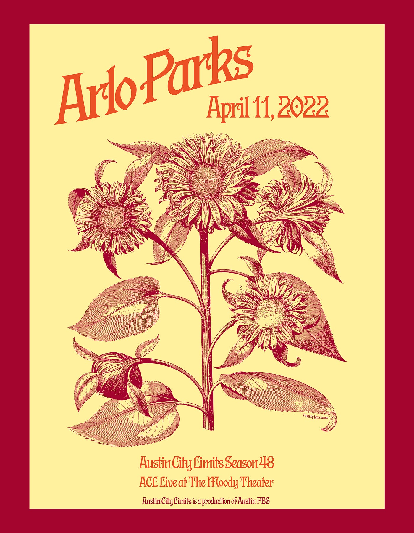 Poster for Arlo Parks concert featuring floral design on a yellow background with red border