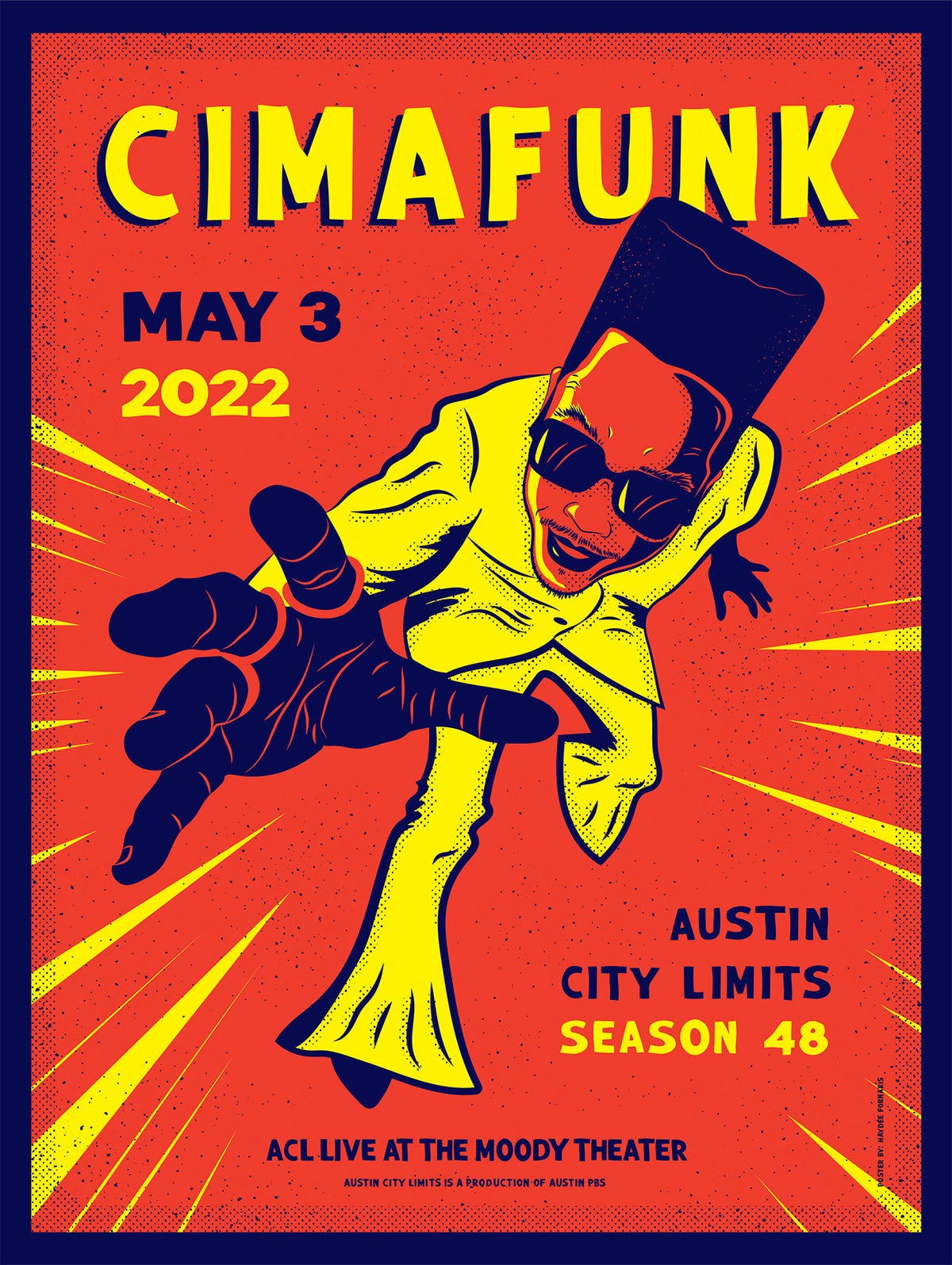 Cimafunk concert poster with a person in a yellow outfit and black hat, set against a red and blue background.