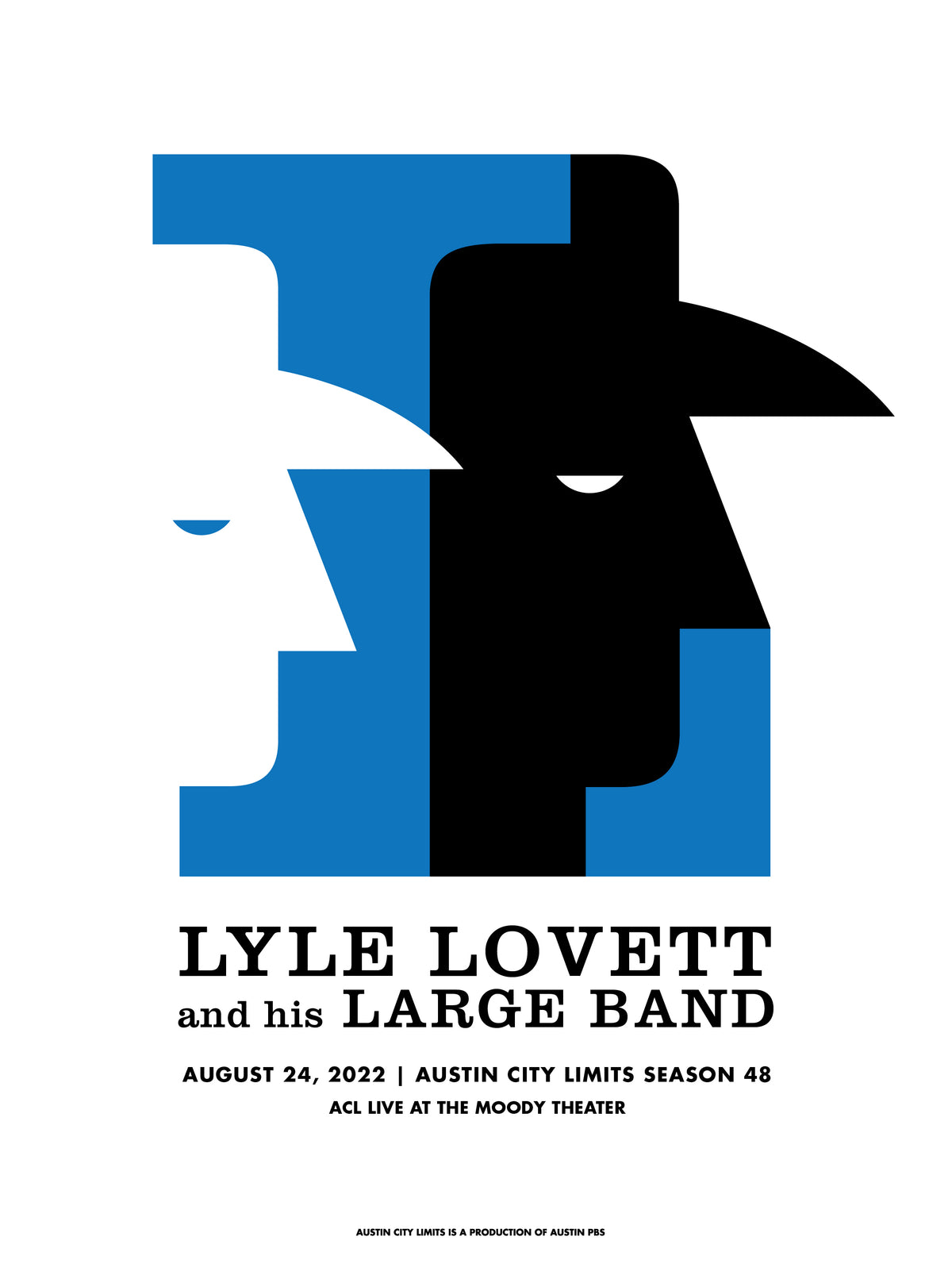 Promotional poster for Lyle Lovett and his Large Band concert featuring stylized faces in blue and black.